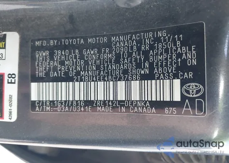 2011 Toyota Corolla Le z USA, uszkodzony, nr VIN 2T1BU4EE4BC737686